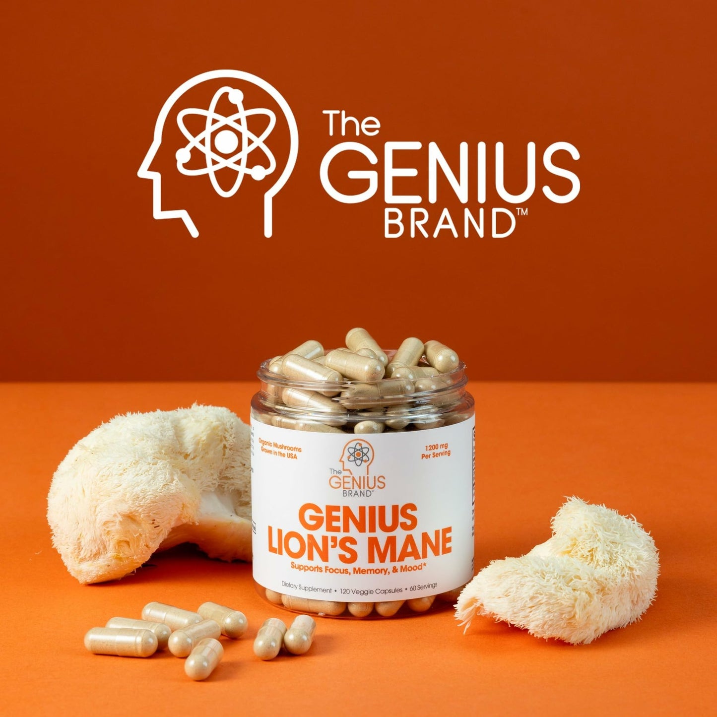 Genius Brand Genius Lion's Mane - Organic Non-GMO Memory & Focus Support - 120 Veggie Capsules