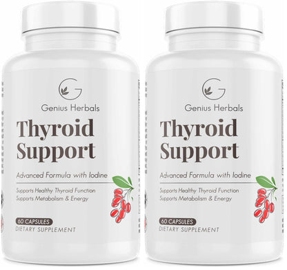 Genius Herbals Thyroid Support – Advanced Formula with Iodine (Non-GMO) – 60 Caps (Pack of 2)