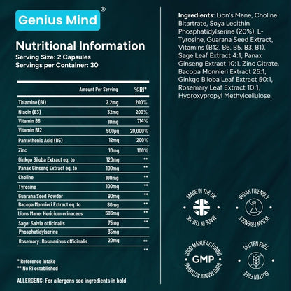 JustFloow Genius Mind® Nootropic Brain Supplement, Support Cognitive Function, Energy Levels, Focus & Memory Function - 17 Brain Boosting Ingredients Including Lions Mane, Bacopa, Ginkgo & Vitamin B12