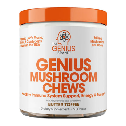 Genius Mushroom Butter Toffee | The Genius Brand – Plant-Based Immune, Focus & Energy Support | 60 Soft Chews