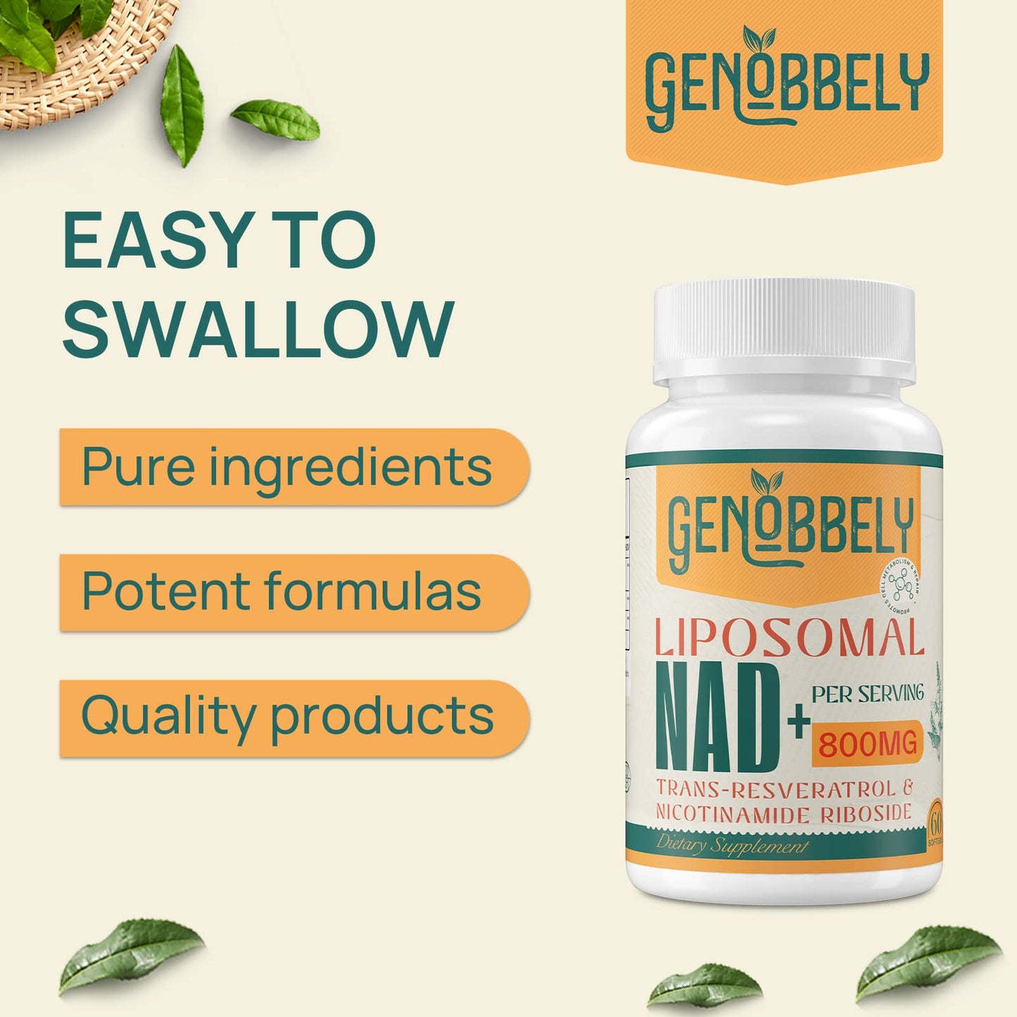GENOBBELY 800 mg Liposomal NAD+ Supplement - NR 200 mg & Trans-Resveratrol 100 mg - 60-Day Supply