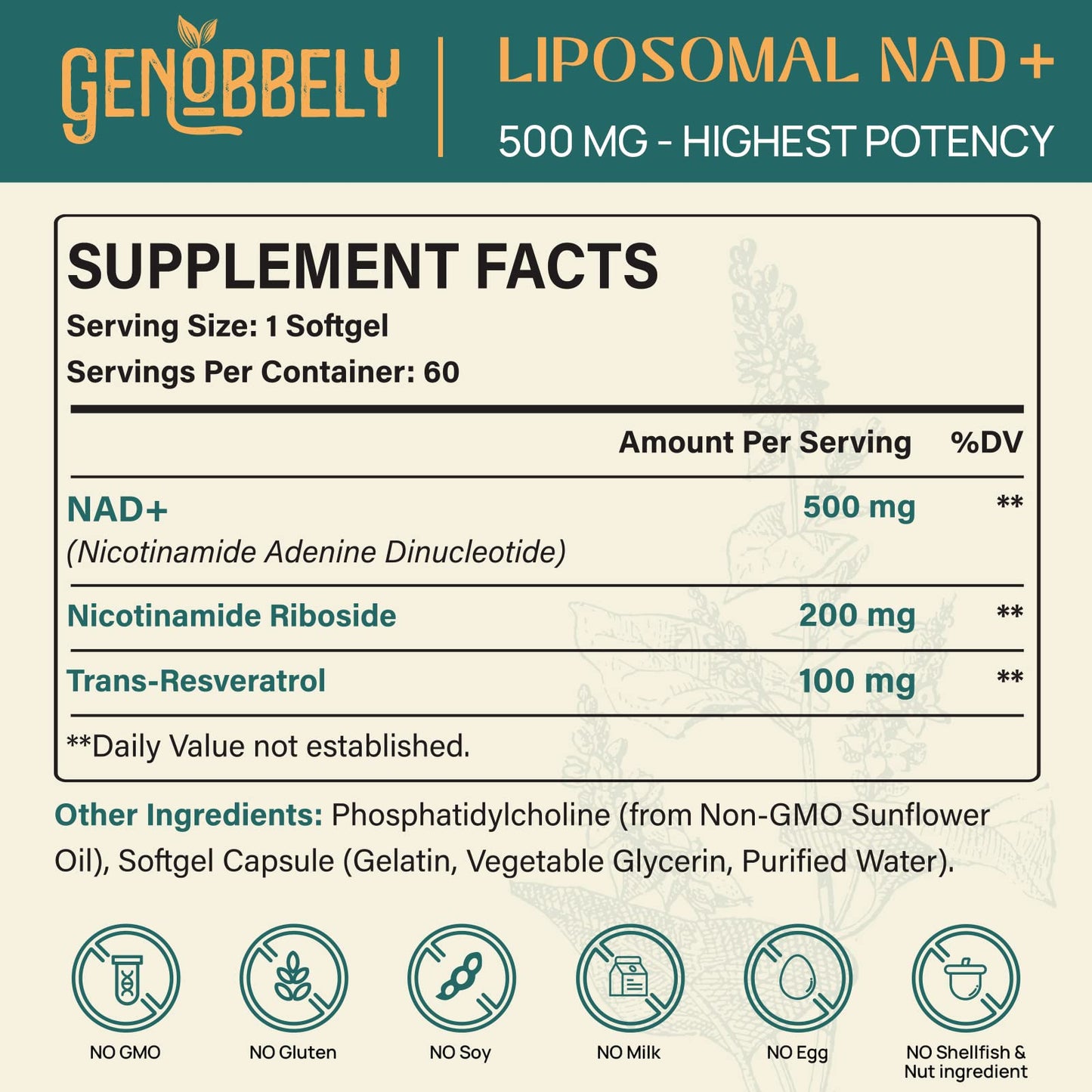 GENOBBELY 800 mg Liposomal NAD+ Supplement - NR 200 mg & Trans-Resveratrol 100 mg - 60-Day Supply