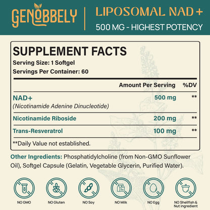 GENOBBELY 800 mg Liposomal NAD+ Supplement - NR 200 mg & Trans-Resveratrol 100 mg - 60-Day Supply
