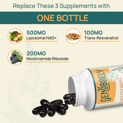 GENOBBELY 800 mg Liposomal NAD+ Supplement - NR 200 mg & Trans-Resveratrol 100 mg - 60-Day Supply