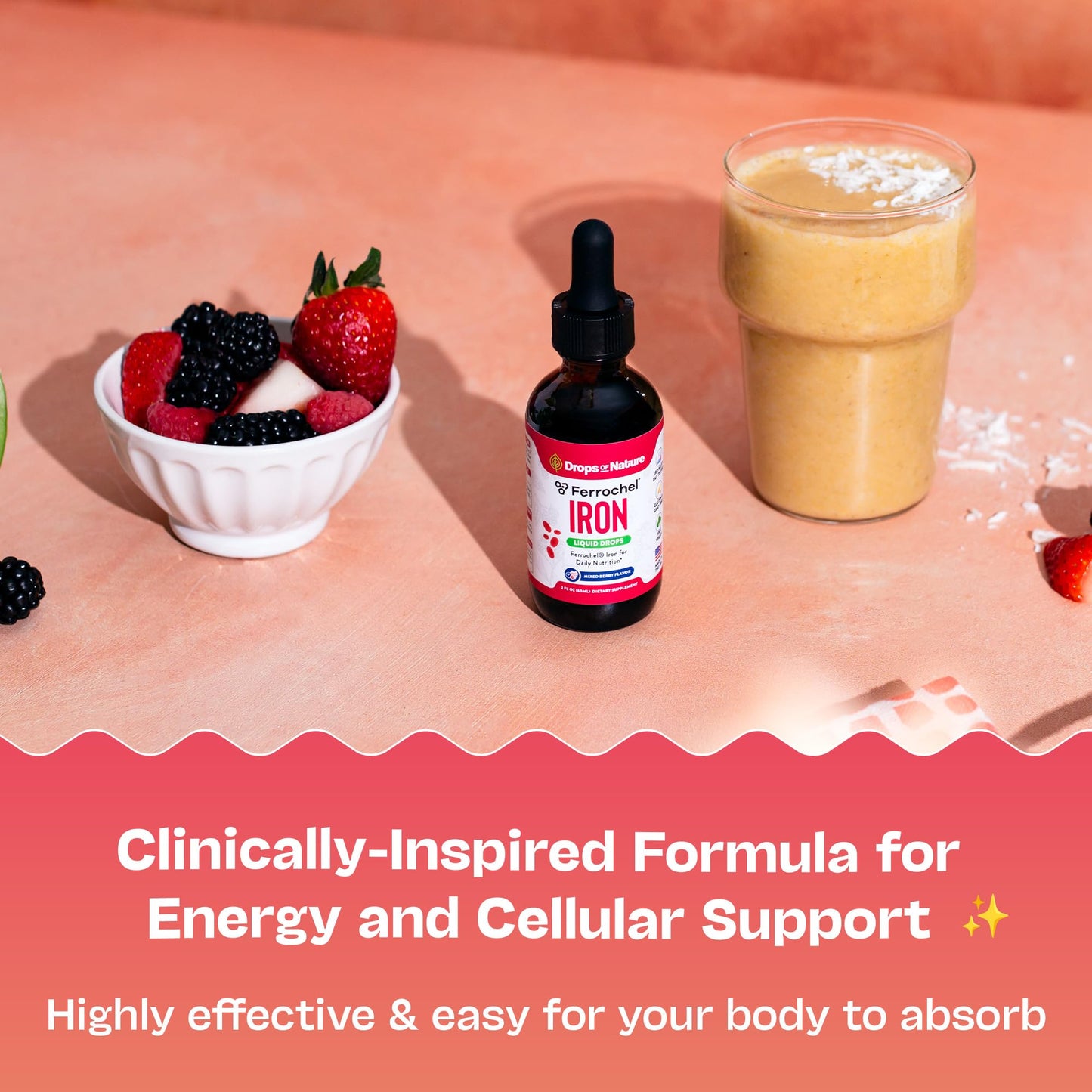 Liquid Iron Drops for Women - High Absorption, Vegan & Non-GMO (60ml) - Mixed Berry