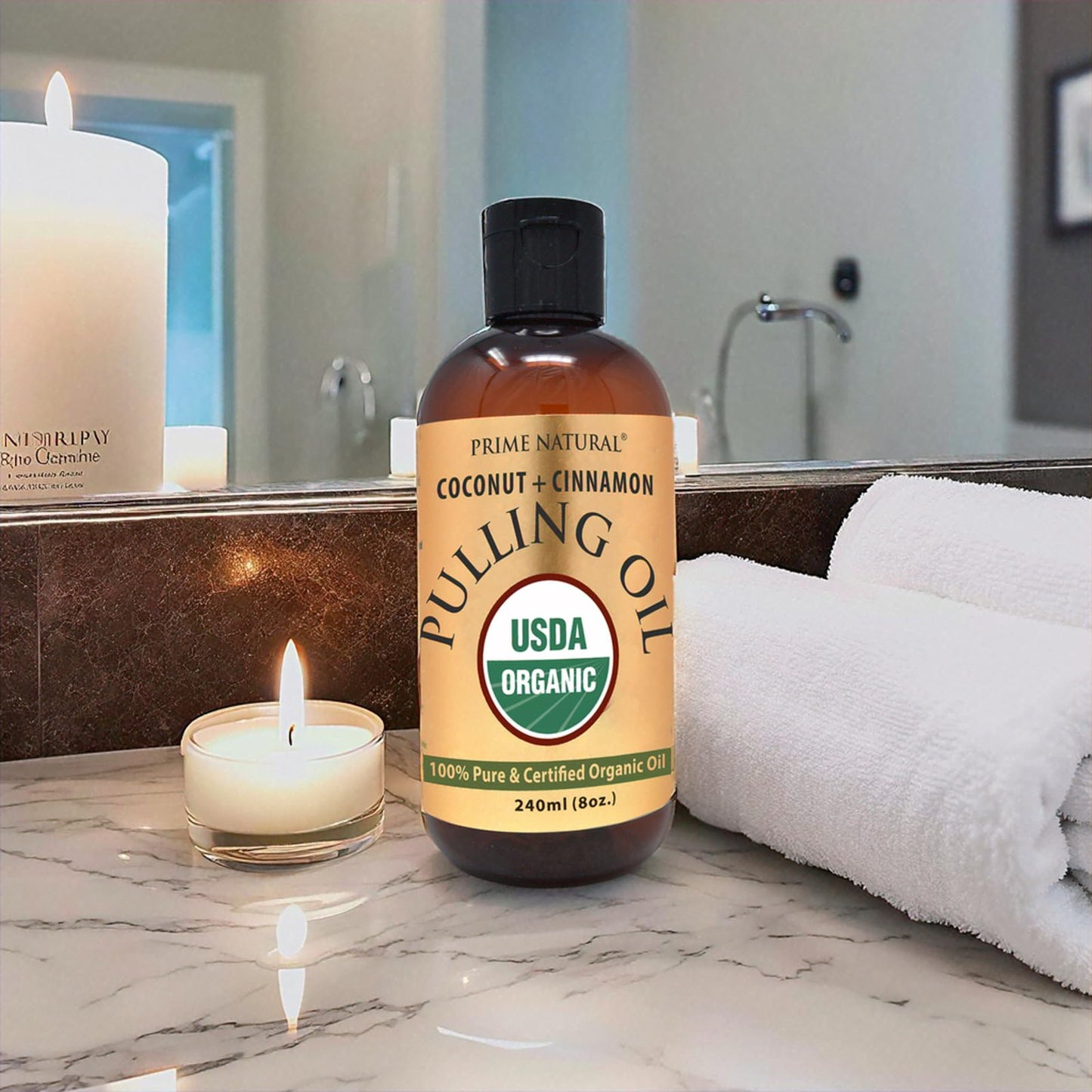 Prime Natural Oil Pulling with Organic Coconut & Cinnamon Bark Oil 8oz – Alcohol-Free Mouthwash for Fresh Breath & Whiter Teeth