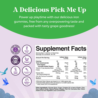 Kids Iron Gummies - Gentle Iron Supplement for Immunity & Energy (60 Count) | Vegan, Gluten Free