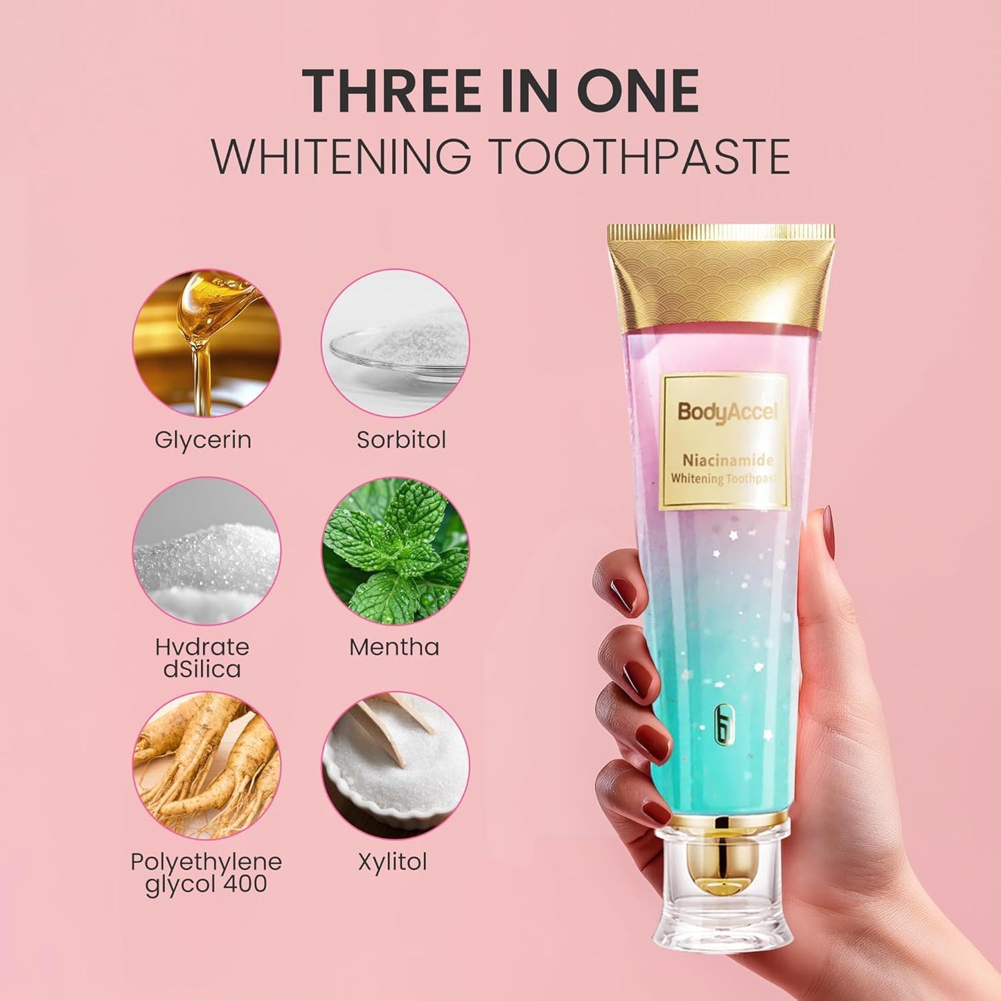 3 Pack Niacinamide Whitening Toothpaste | BodyAccel Triple Whitening, Stain Removal & Fresh Breath