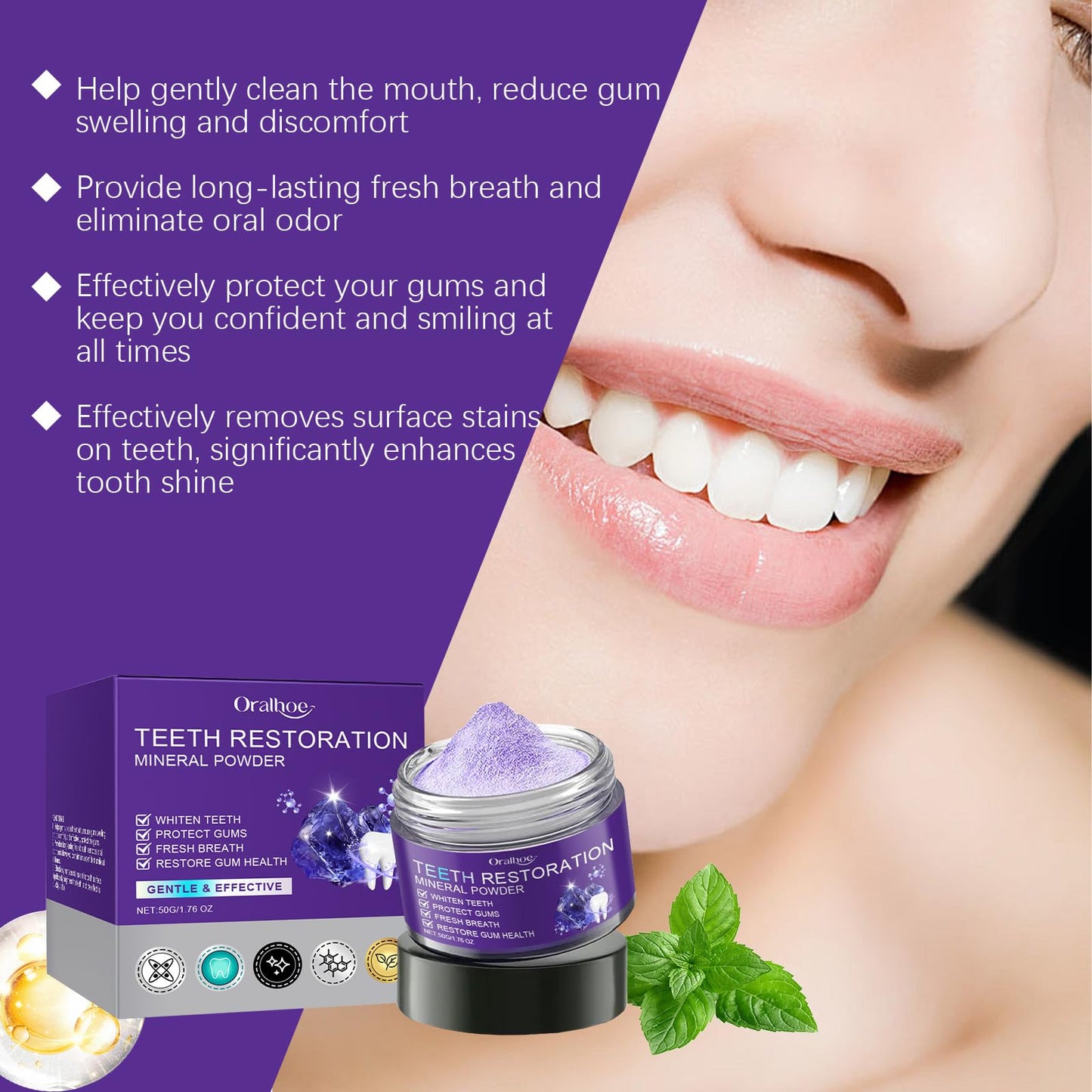 2Pcs Teeth Restoration Mineral Powder - Purple Whitening Mineral Powder for Fresh Breath, Strengthens Teeth & Gums - Gentle & Non-Irritating
