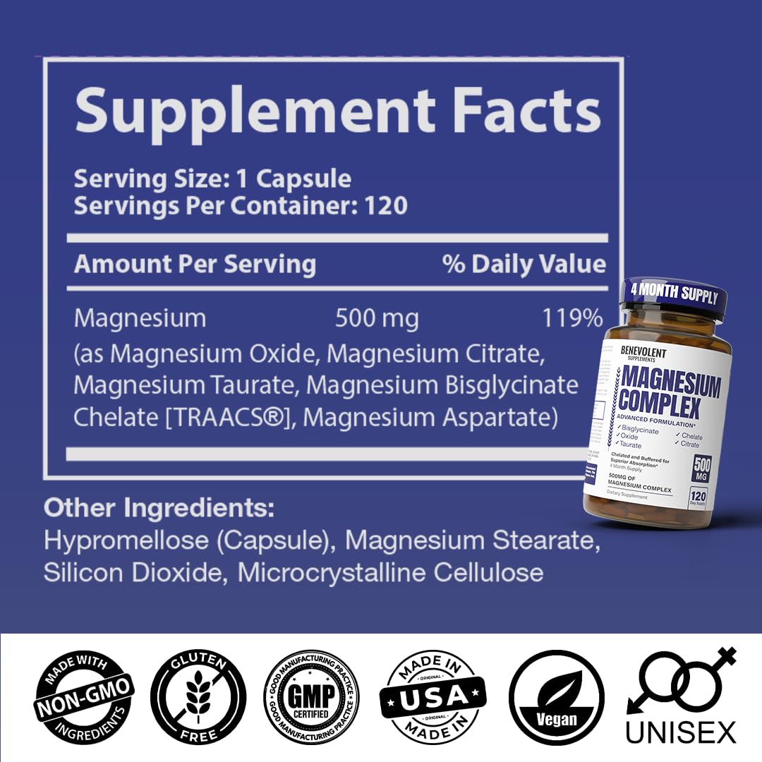 Magnesium Complex Supplement – 4 Month Supply (120 Capsules, 500mg) 5-in-1 Max Absorption for Calm, Sleep & Leg Cramps