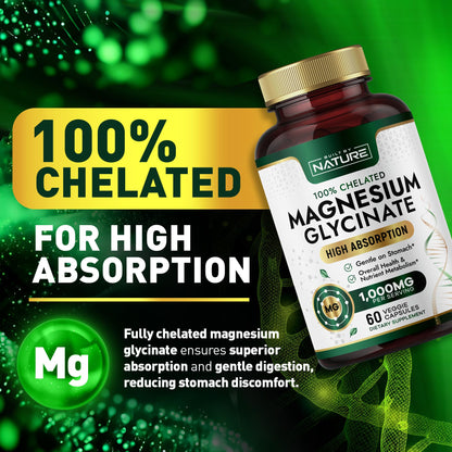 Built By Nature Magnesium Glycinate 1000mg – High Absorption, 100% Chelated, Gentle on Stomach | 60 Capsules