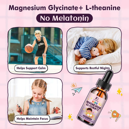 Kids Magnesium Glycinate Sleep Drops with L-Theanine – Melatonin-Free, Raspberry Flavor (30ml)