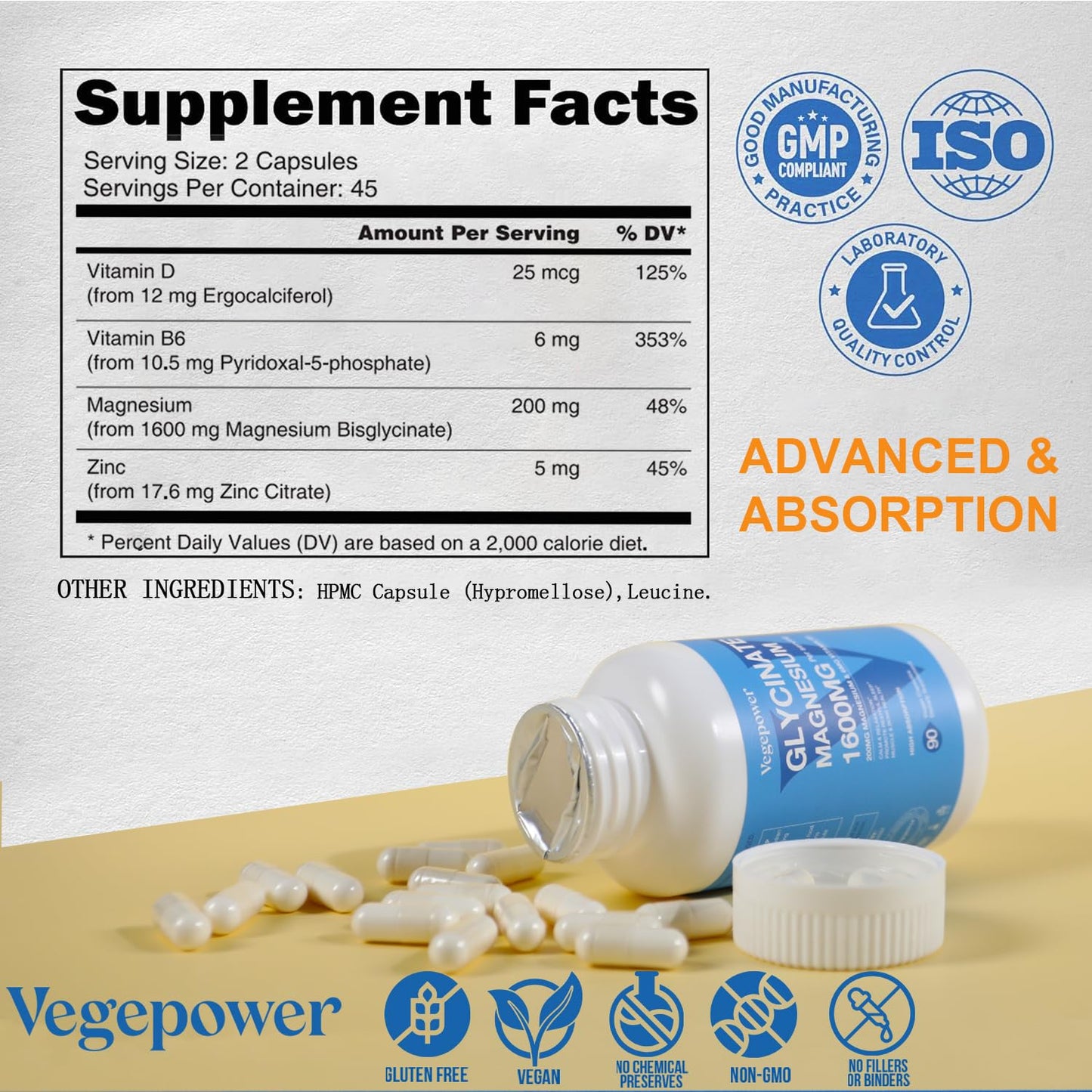 Magnesium Glycinate Capsules 200mg | Chelated Mg Bisglycinate + Vitamin D3, B6 & Zinc | Vegan 180 VegCaps