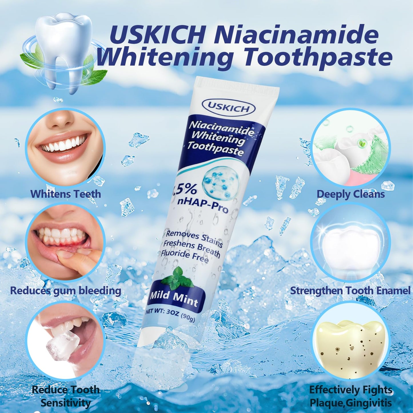 7.5% Nano-Hydroxyapatite Toothpaste 3 Pack – Fresh Breath Whitening, Remineralizes Enamel, Sensitive Relief, Antiplaque, Natural Peppermint, Fluoride-Free