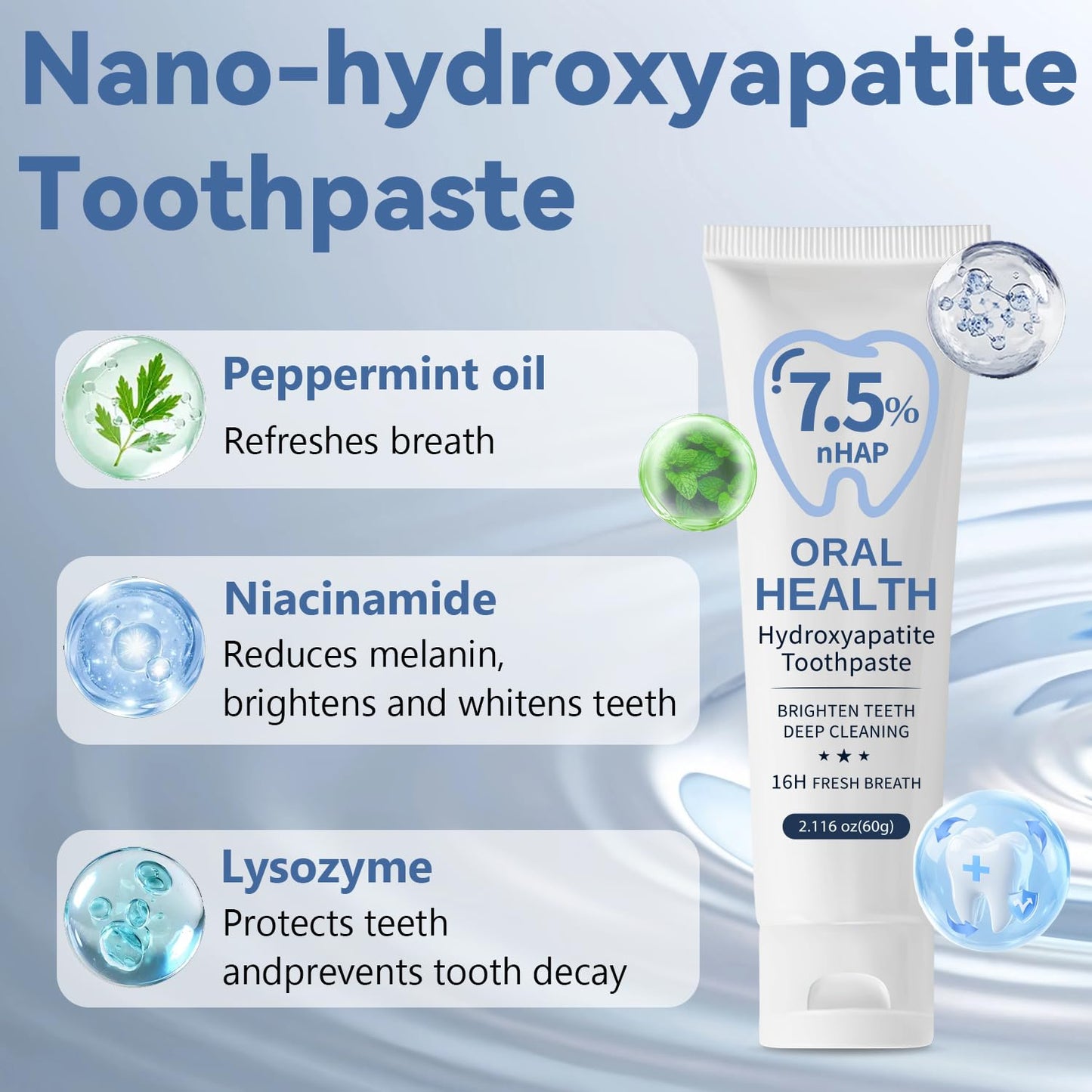 7.5% Hydroxyapatite Toothpaste for Sensitive Teeth & Enamel Repair – Fresh Mint 2.12 oz
