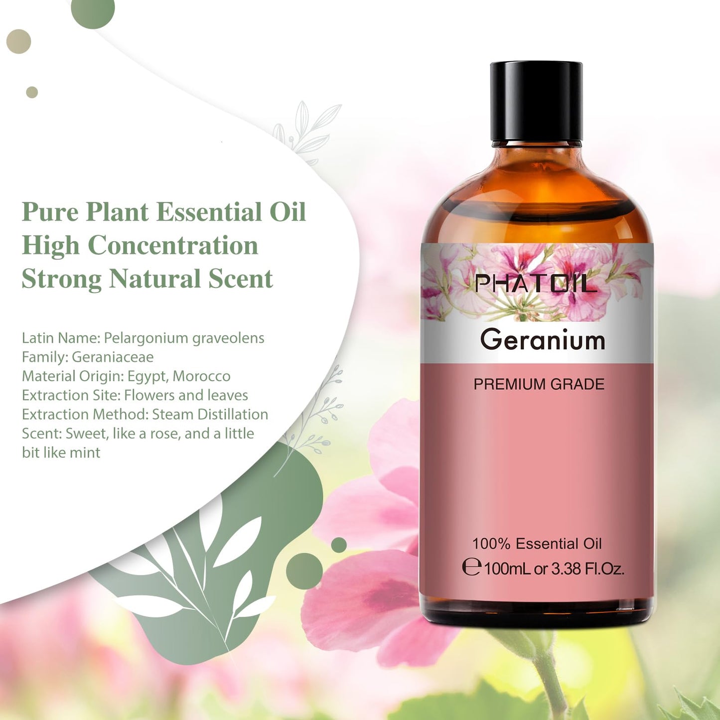Geranium Essential Oil 100ml | PHATOIL Aromatherapy for Diffuser, Humidifier & DIY Candles