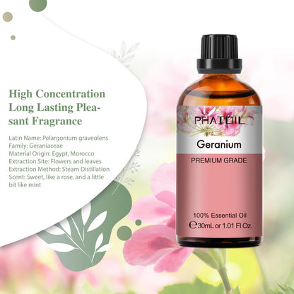 Geranium Essential Oil 1.01fl.oz/30ml – PHATOIL Premium Long Lasting Scent for Aromatherapy, Diffuser, DIY Soap & Candle Making