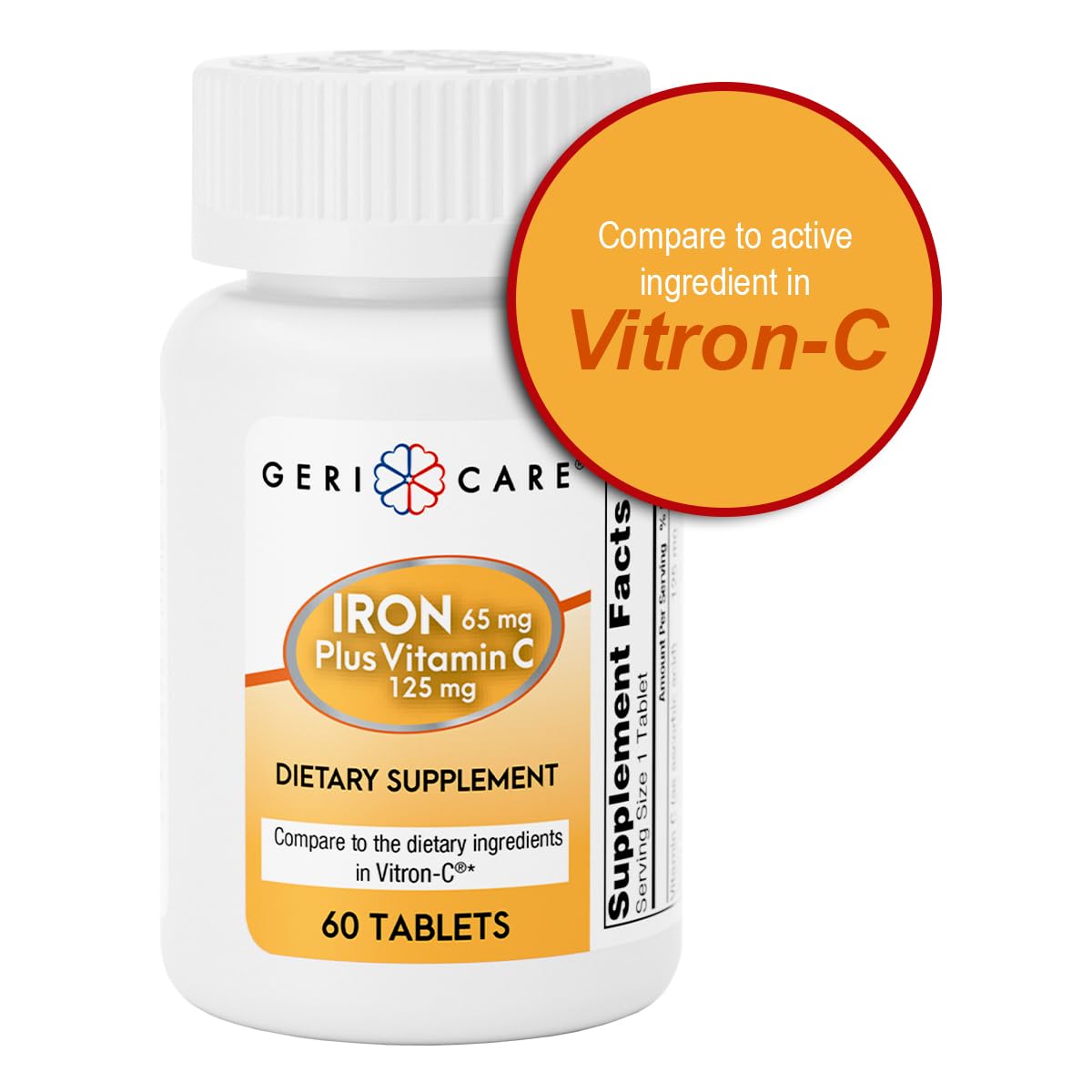 GeriCare Iron 65mg + Vitamin C 125mg Tablets – High-Absorption Iron for Anemia Support (60 Count)