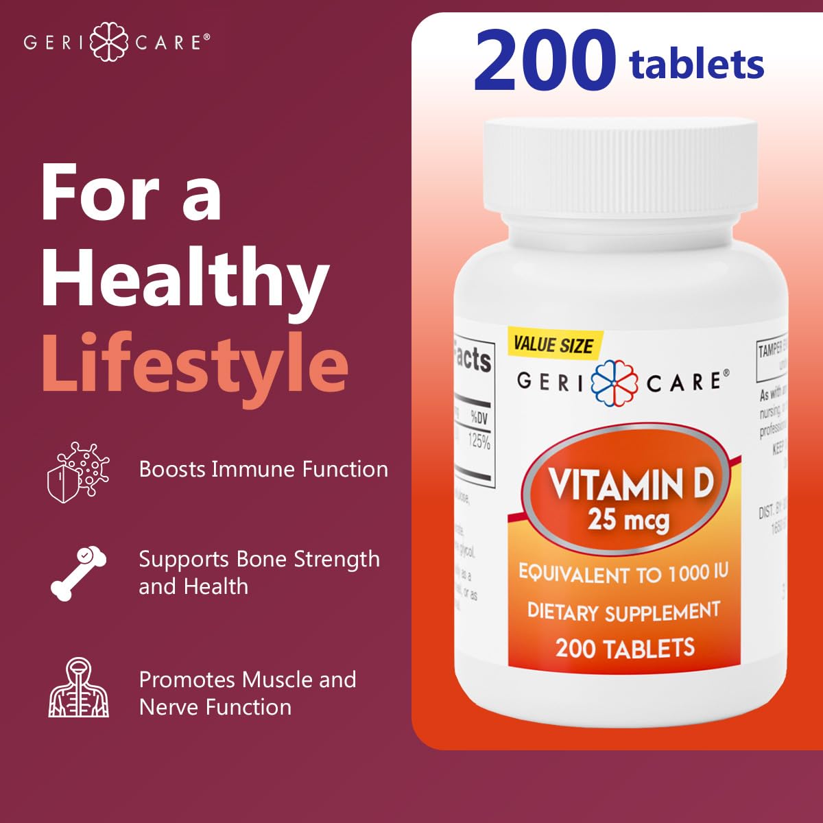 GeriCare Vitamin D-3 25 mcg (1000 IU) – Supports Strong Bones, Immune Health & Mood – 200 Tablets