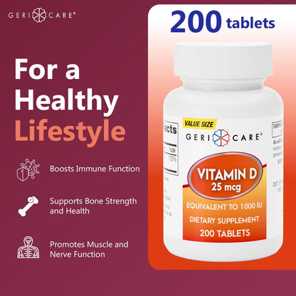 GeriCare Vitamin D-3 25 mcg (1000 IU) – Supports Strong Bones, Immune Health & Mood – 200 Tablets