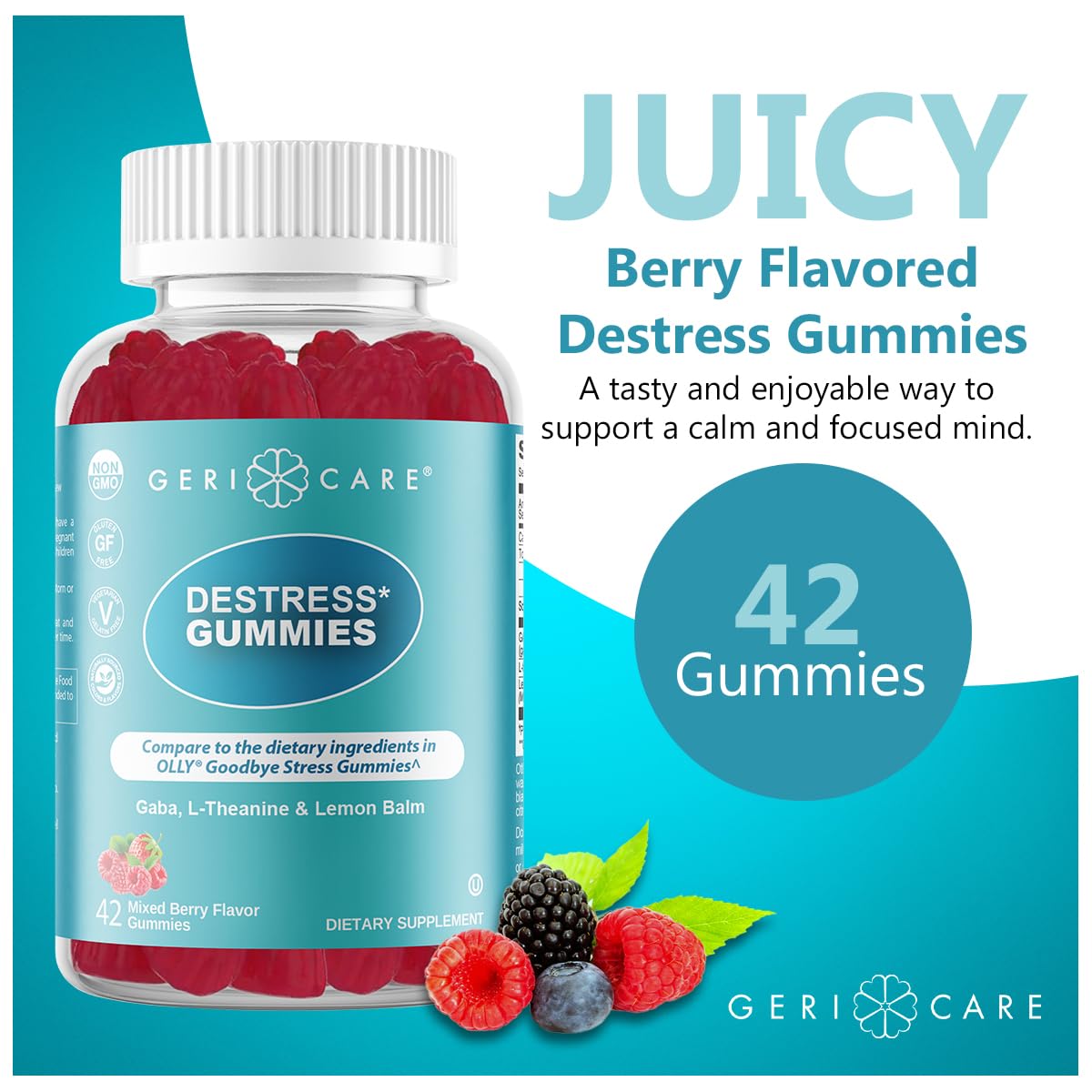 GeriCare DeStress Gummies – GABA, L-Theanine & Lemon Balm (Mixed Berry) – 42 Count – Non-GMO, Gluten-Free, Vegan