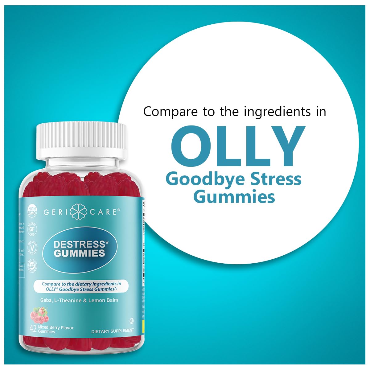 GeriCare DeStress Gummies – GABA, L-Theanine & Lemon Balm (Mixed Berry) – 42 Count – Non-GMO, Gluten-Free, Vegan