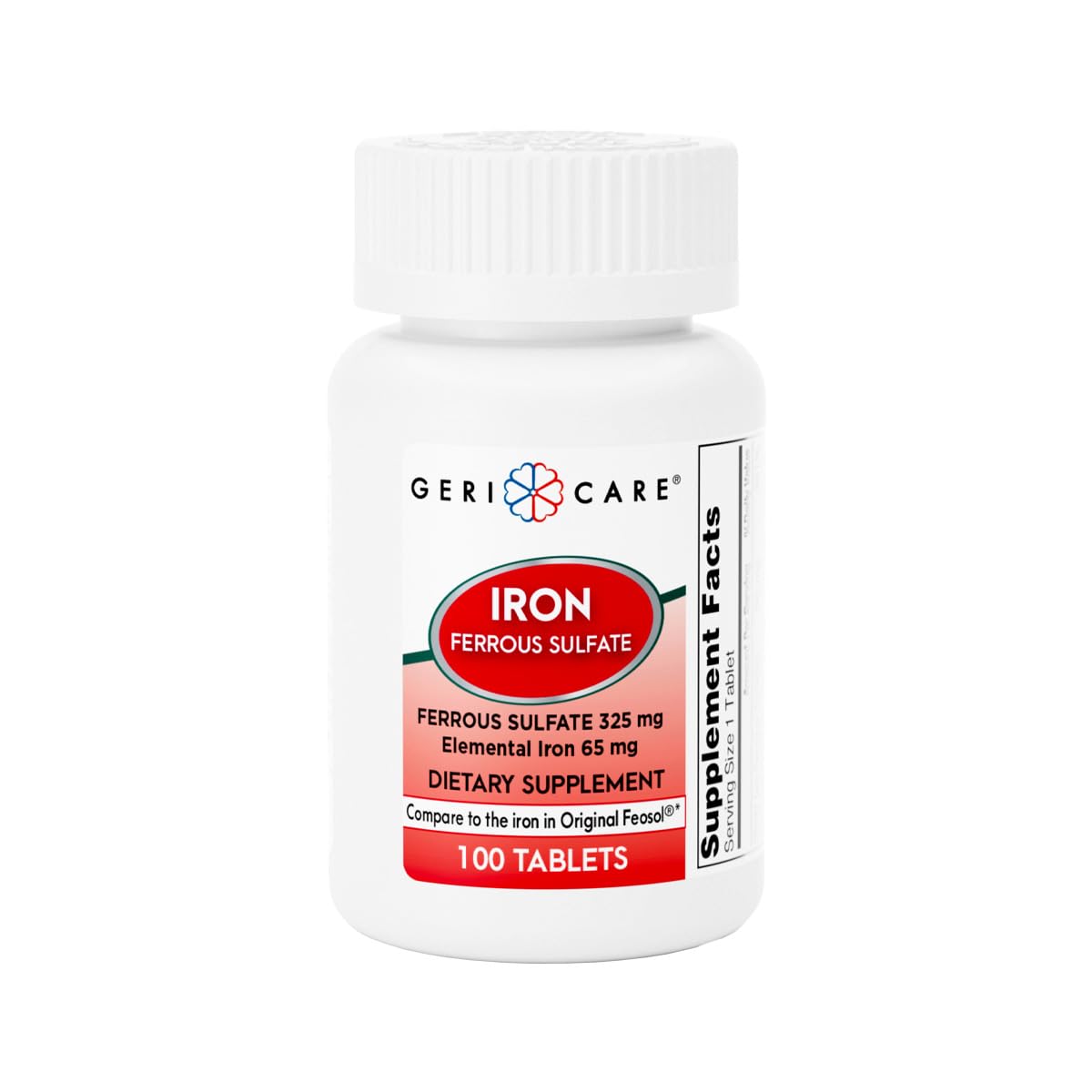GeriCare Ferrous Sulfate 325mg | Elemental Iron 65mg High Potency Iron Supplement | 100 Count