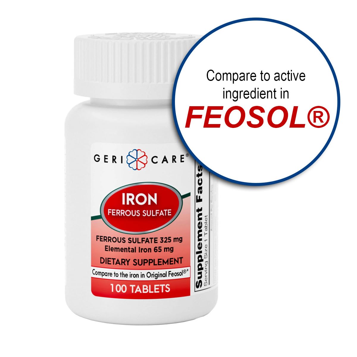 GeriCare Ferrous Sulfate 325mg | Elemental Iron 65mg High Potency Iron Supplement | 100 Count