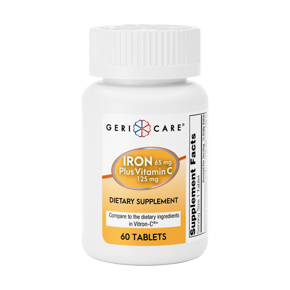 GeriCare Iron 65mg + Vitamin C 125mg Tablets – High-Absorption Iron for Anemia Support (60 Count)
