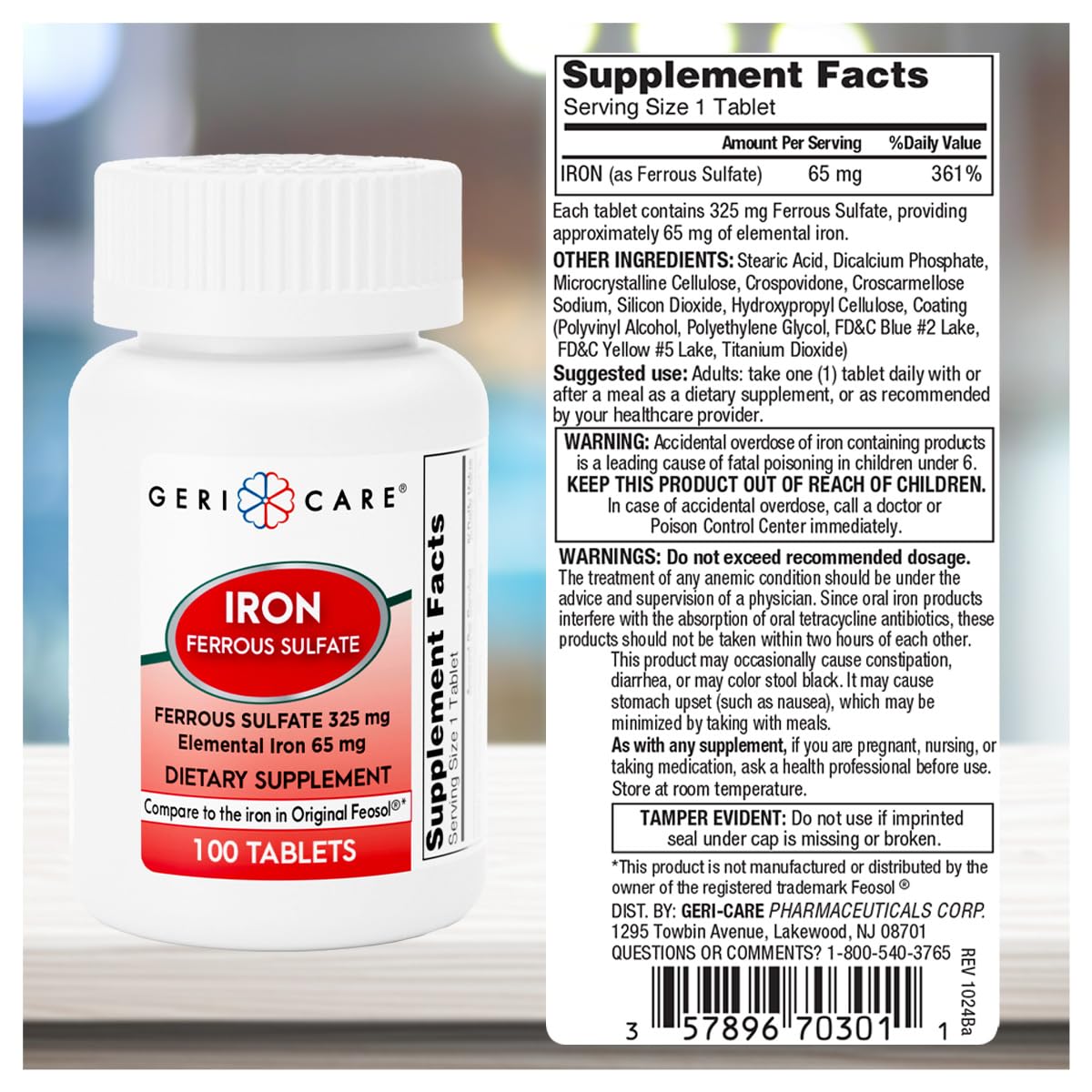 GeriCare Ferrous Sulfate 325mg | Elemental Iron 65mg High Potency Iron Supplement | 100 Count