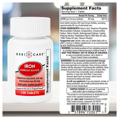 GeriCare Ferrous Sulfate 325mg | Elemental Iron 65mg High Potency Iron Supplement | 100 Count