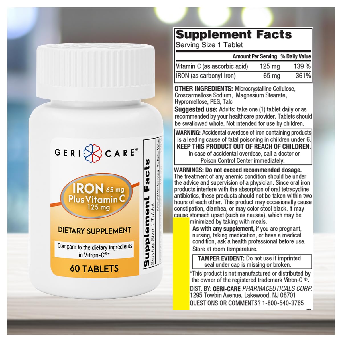 GeriCare Iron 65mg + Vitamin C 125mg Tablets – High-Absorption Iron for Anemia Support (60 Count, 2 Pack)
