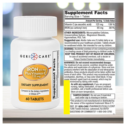 GeriCare Iron 65mg + Vitamin C 125mg Tablets – High-Absorption Iron for Anemia Support (60 Count, 2 Pack)