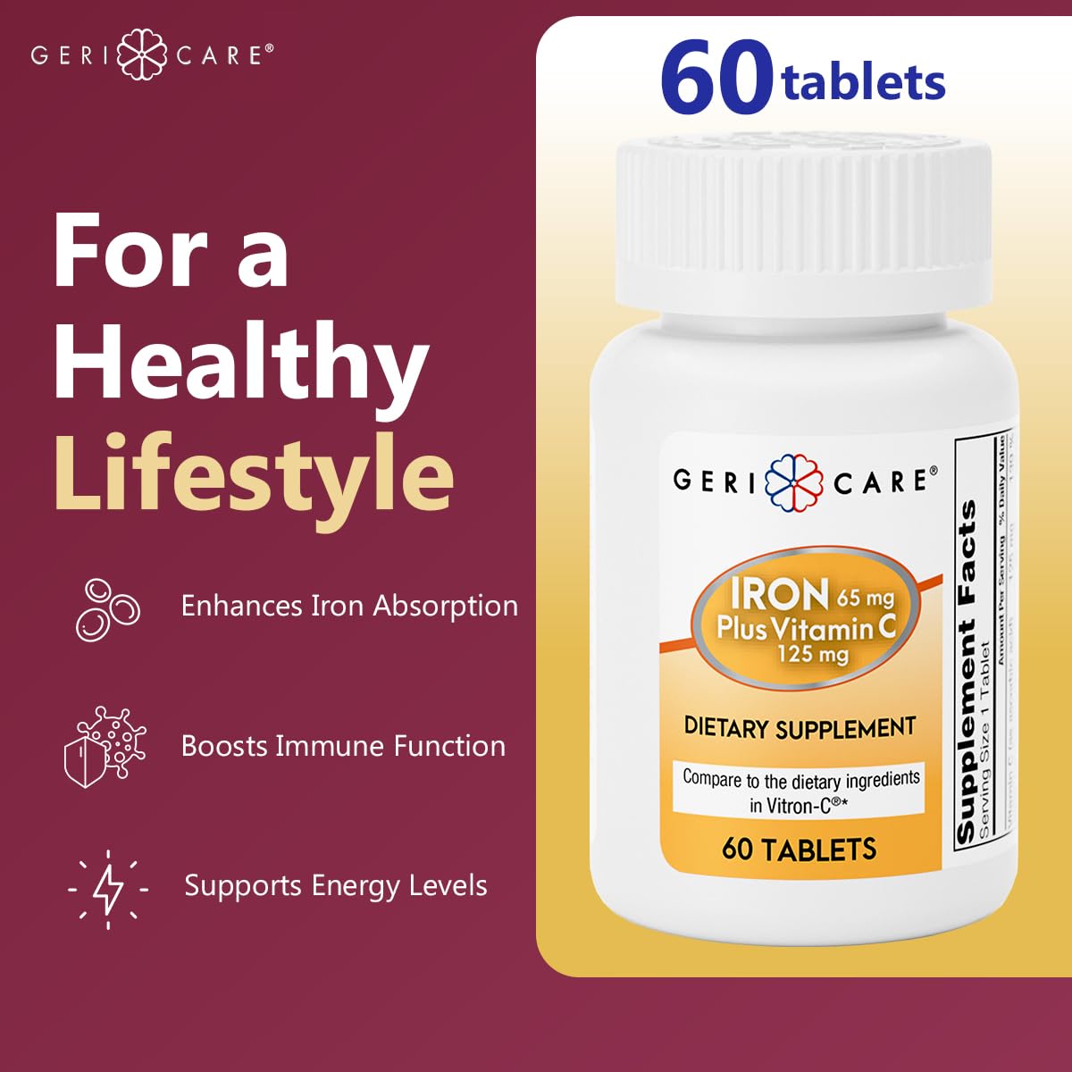 GeriCare Iron 65mg + Vitamin C 125mg Tablets – High-Absorption Iron for Anemia Support (60 Count, 2 Pack)