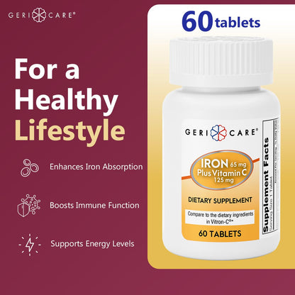 GeriCare Iron 65mg + Vitamin C 125mg Tablets – High-Absorption Iron for Anemia Support (60 Count, 2 Pack)