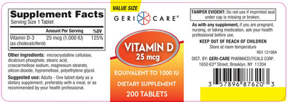 GeriCare Vitamin D-3 25 mcg (1000 IU) – Supports Strong Bones, Immune Health & Mood – 200 Tablets