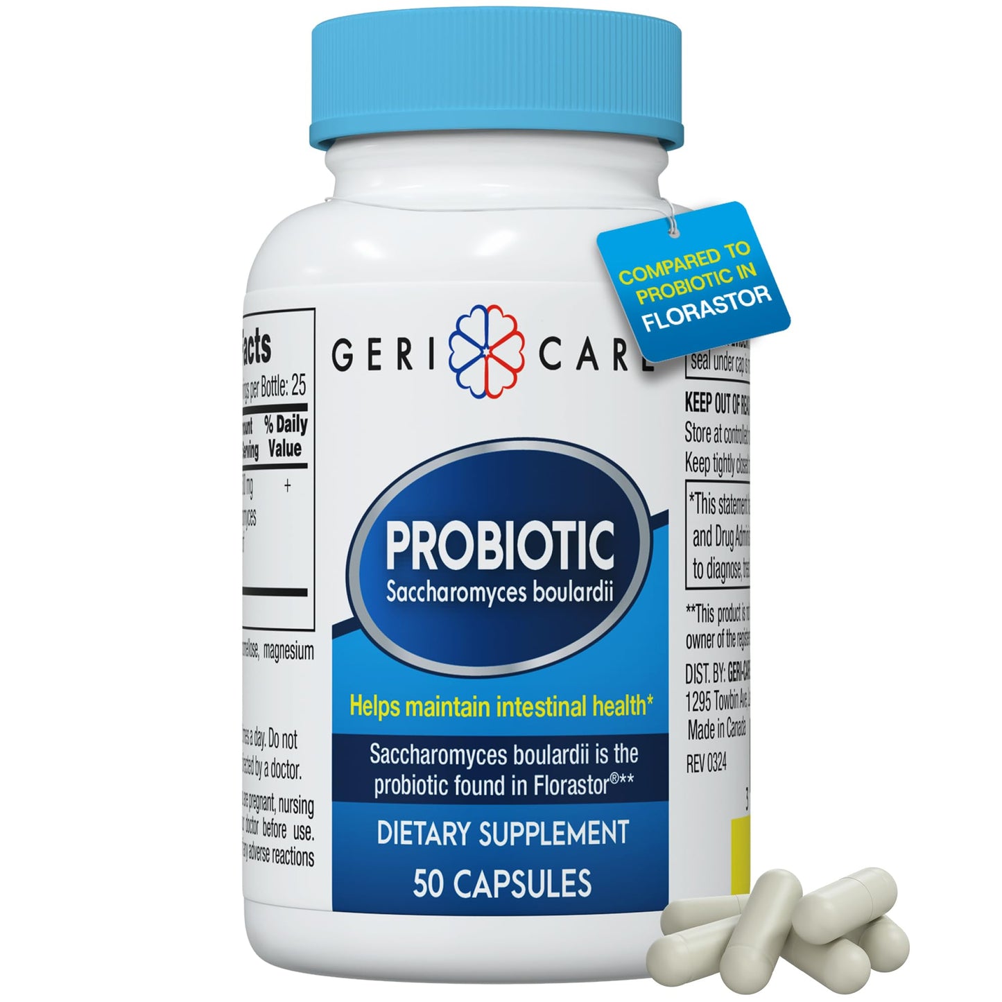 GeriCare Saccharomyces boulardii Probiotic 500 mg – Digestive Health for Women & Men | Compare to Florastor (50 Capsules)