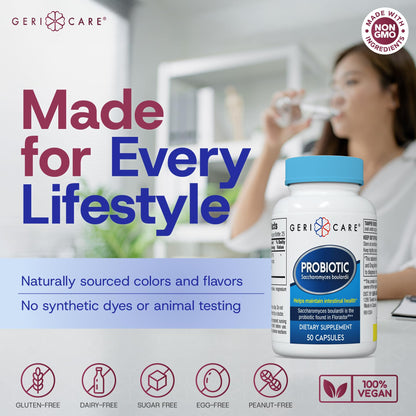 GeriCare Saccharomyces boulardii Probiotic 500 mg – Digestive Health for Women & Men | Compare to Florastor (50 Capsules)