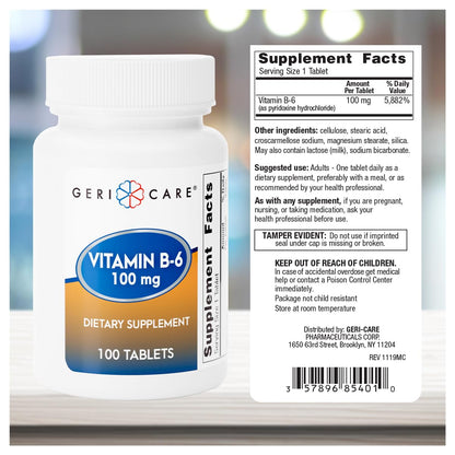 GeriCare Vitamin B-6 100mg, 100 Tablets – Brain Health, Mood & Metabolism Support