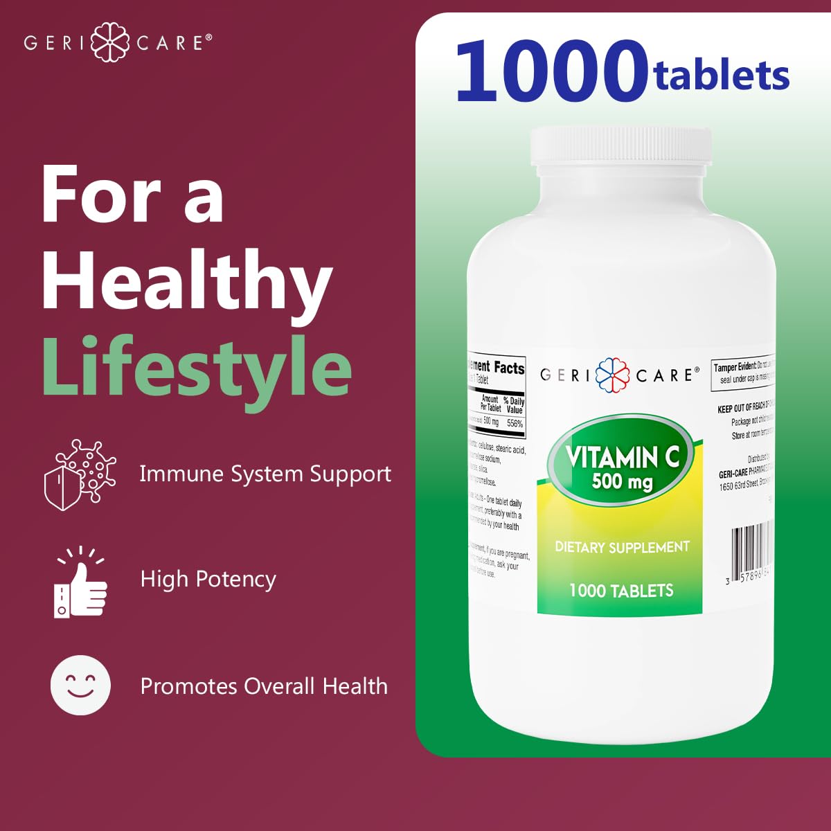 GeriCare Vitamin C 500 mg – Antioxidant, Immune Support, 1000 Count (Pack of 1)