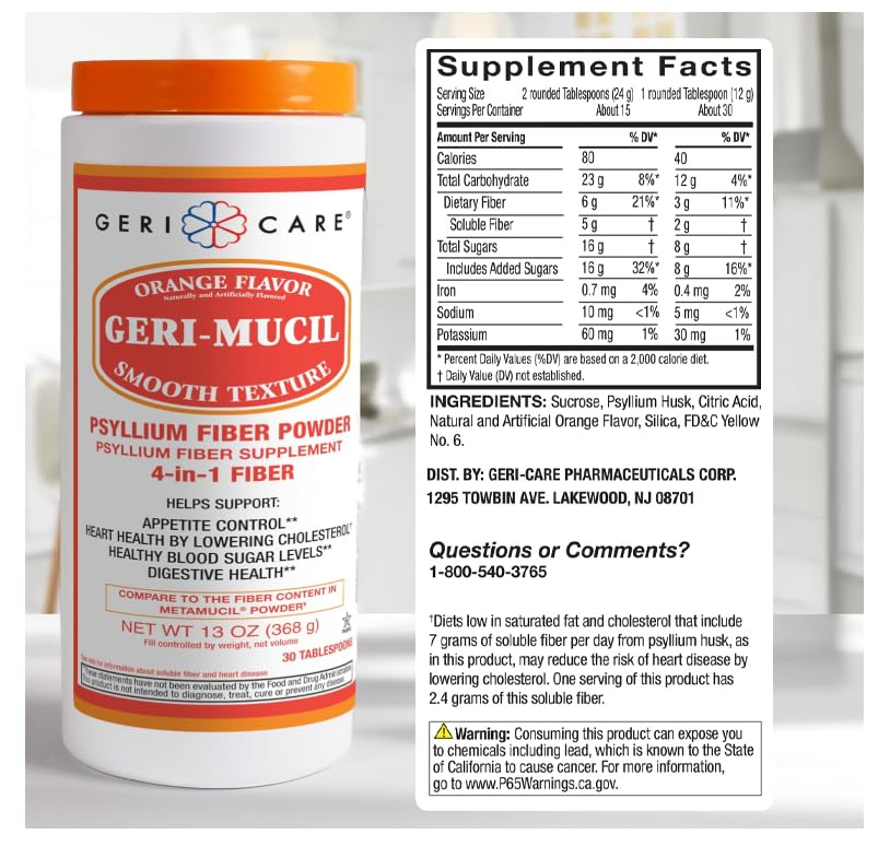 Geri-Mucil Psyllium Powder by GeriCare - 4-in-1 Orange Fiber Drink Mix, 13oz