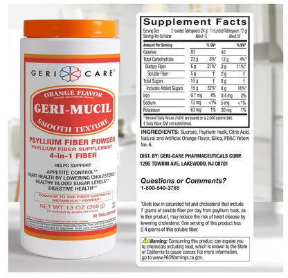 Geri-Mucil Psyllium Powder by GeriCare - 4-in-1 Orange Fiber Drink Mix, 13oz
