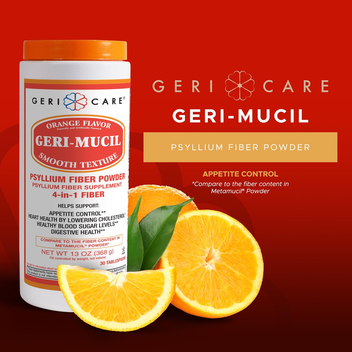 Geri-Mucil Psyllium Powder by GeriCare - 4-in-1 Orange Fiber Drink Mix, 13oz