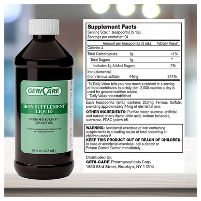 GeriCare 220 High Potency Liquid Iron | 220 mg/5 mL for Adults | Pack of 1