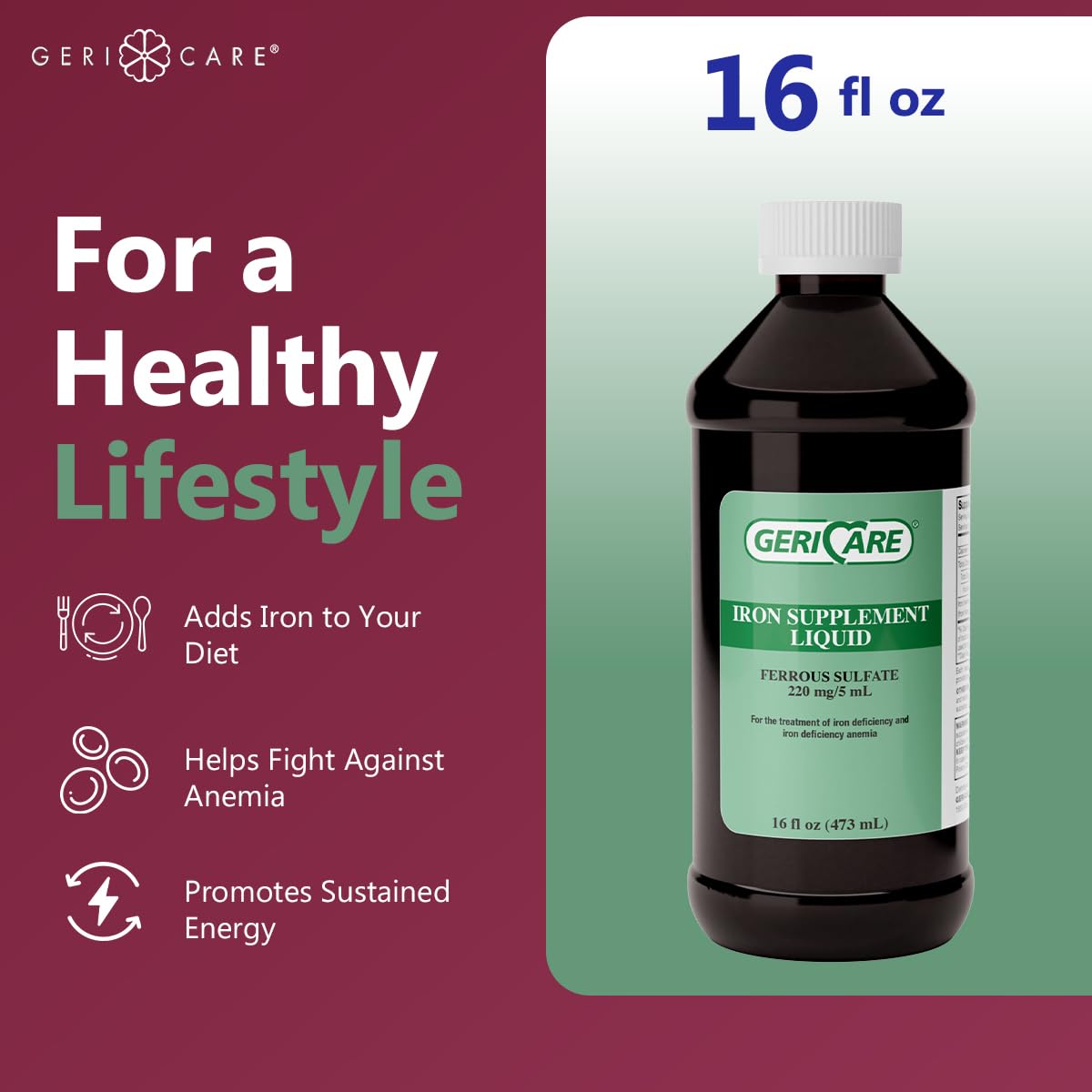 GeriCare 220 High Potency Liquid Iron | 220 mg/5 mL for Adults | Pack of 1