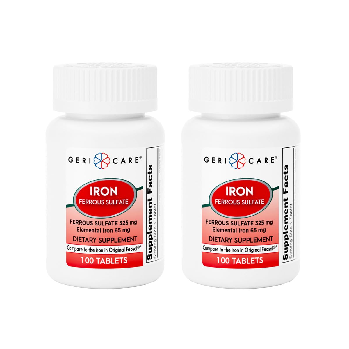 GeriCare Ferrous Sulfate 325mg | High Potency Iron Supplement, 100 Count Pack of 2