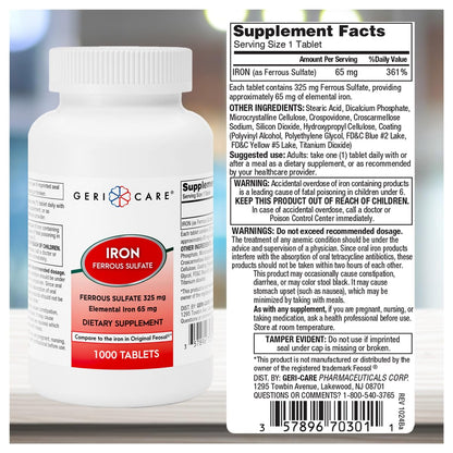 GeriCare Ferrous Sulfate 325mg – High Potency Iron Supplement, 1000 Count (Pack of 1)