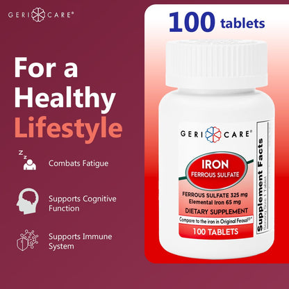 GeriCare Ferrous Sulfate 325mg | High Potency Iron Supplement, 100 Count Pack of 2