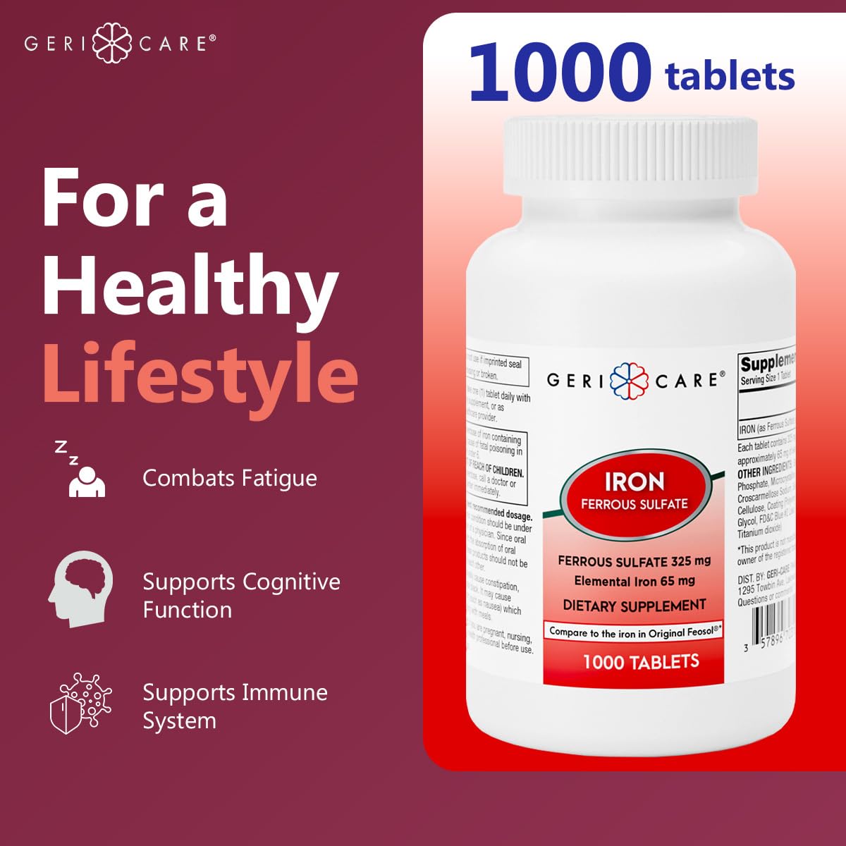 GeriCare Ferrous Sulfate 325mg – High Potency Iron Supplement, 1000 Count (Pack of 1)