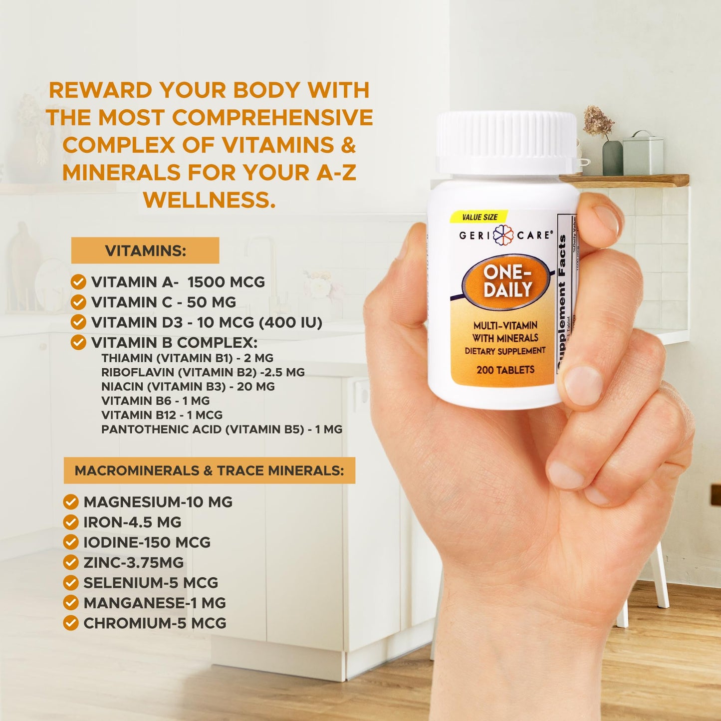 GeriCare One-Daily Multivitamin & Minerals – 200 Count Dietary Supplement Tablets (Pack of 1)